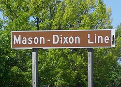 [photo, Mason-Dixon Line sign at Maryland-Pennsylvania border, U.S. Route 15 North near Emmitsburg, Maryland]