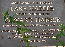 [photo, Plaque honoring Edward Habeeb at Lake Habeeb, known as Rocky Gap Lake, Rocky Gap State Park, Flintstone (Allegany County), Maryland]