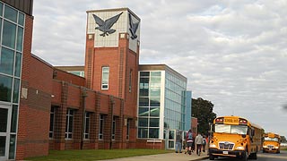 [photo, School buses at Stephen Decatur High School, 9913 Seahawk Road, Berlin, Maryland]